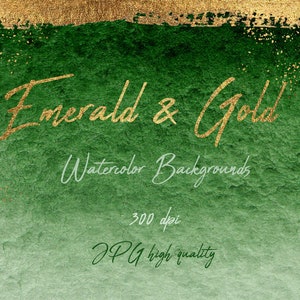 Watercolor emerald and gold background, dark green watercolor, green watercolor background, golden frame, golden paint splashes, JPG