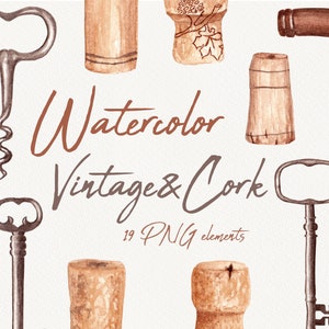 Watercolor vintage set, Watercolor wine cork clipart, Vintage keys clipart, Vintage corkscrew clipart, Instant download, Old key clipart