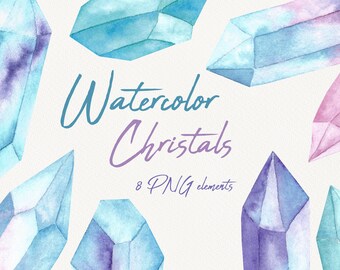Può includere: Illustrazione ad acquerello con otto elementi di cristallo nei toni del blu, viola e rosa. I cristalli sono disposti su uno sfondo bianco con il testo "Watercolor Crystals" e "8 PNG elements".