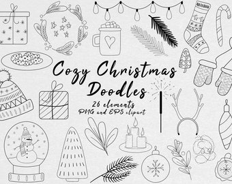 Christmas clipart, vector Christmas clipart, Xmas doodles, Christmas line art doodles, winter hand drawn clipart, festive xmas clipart