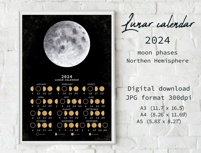 Lunar Calendar 2024, Moon Calendar 2024, Watercolor Full Moon Art, Moon