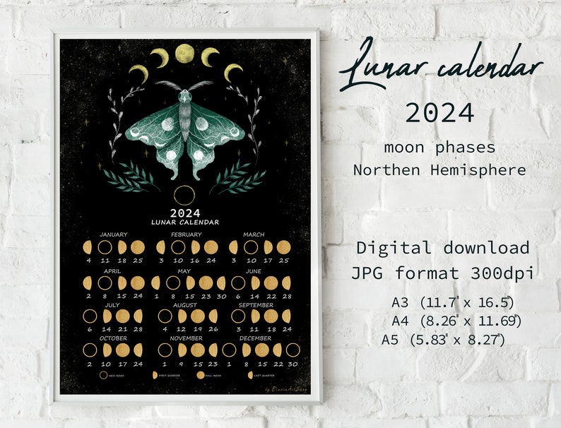 Lunar Calendar 2024, Moon Calendar 2024, Lunar Moth Digital Art, Moon