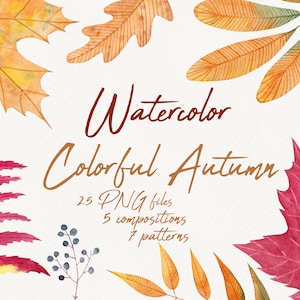 Pode incluir: Ilustração em aquarela com folhas de outono coloridas em tons de vermelho, laranja e amarelo. A imagem inclui o texto "Watercolor Colorful Autumn" com detalhes sobre os arquivos PNG, composições e padrões incluídos.