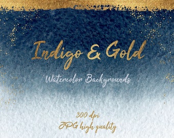 Watercolor indigo and gold background, dark blue watercolor, navy watercolor background, golden frame, golden paint splashes, JPG background