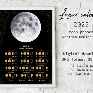 Calendário lunar 2024, Calendário lunar 2024, Arte da lua cheia em aquarela, Fases da lua, Calendário Wicca, Hemisfério norte, Download instantâneo