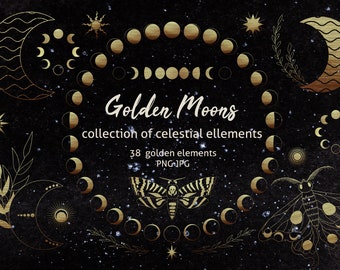 May include: Digital artwork with gold celestial elements on a dark background. The design includes crescent moons, suns, stars, and moon phases. The text reads "Golden Moons" and "collection of celestial elements".