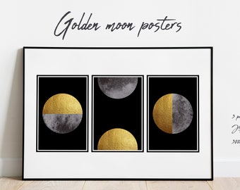 Pósters abstractos con ilustración de luna dorada, Acuarela y arte acrílico, Pósters imprimibles, Arte de pared elegante, Luna en el cielo nocturno