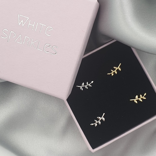 Leaf Stud Earrings Sterling Silver Minimal, Gold or Platinum Plated, Nature Inspired Jewelry Gift
