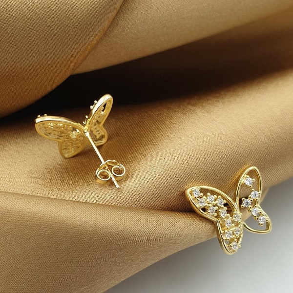 Boucles d'oreilles papillon • Puces d'oreilles délicates • Boucles d'oreilles en or • Bijoux de mariage • Boucles d'oreilles de mariage • Argent 925 • Cadeau pour elle • Cadeau de demoiselle d'honneur