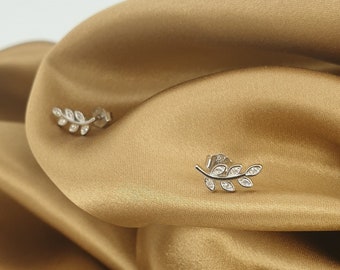Clearance Imperfections Leaf Studs in Sterling Silver, Dainty Stud Leaves Earrings, Modern Sparkling Stud Earrings, Cute Leaf Stud Earrings