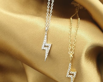 Pave Lightning Bolt Necklace, Dainty Zircon Necklace in Sterling