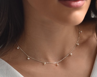 Dangle Pearl Choker Necklace In Sterling Silver, Α Classic Pearl Necklace that's perfect for work or special occasions, Freshwater Pearls