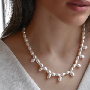 Dainty Pearl Necklace in Sterling Silver, Freshwater Pearl Necklace, Bridesmaid Gift, Bridal Jewelry Gift for Her, Adjustable Pearl Necklace