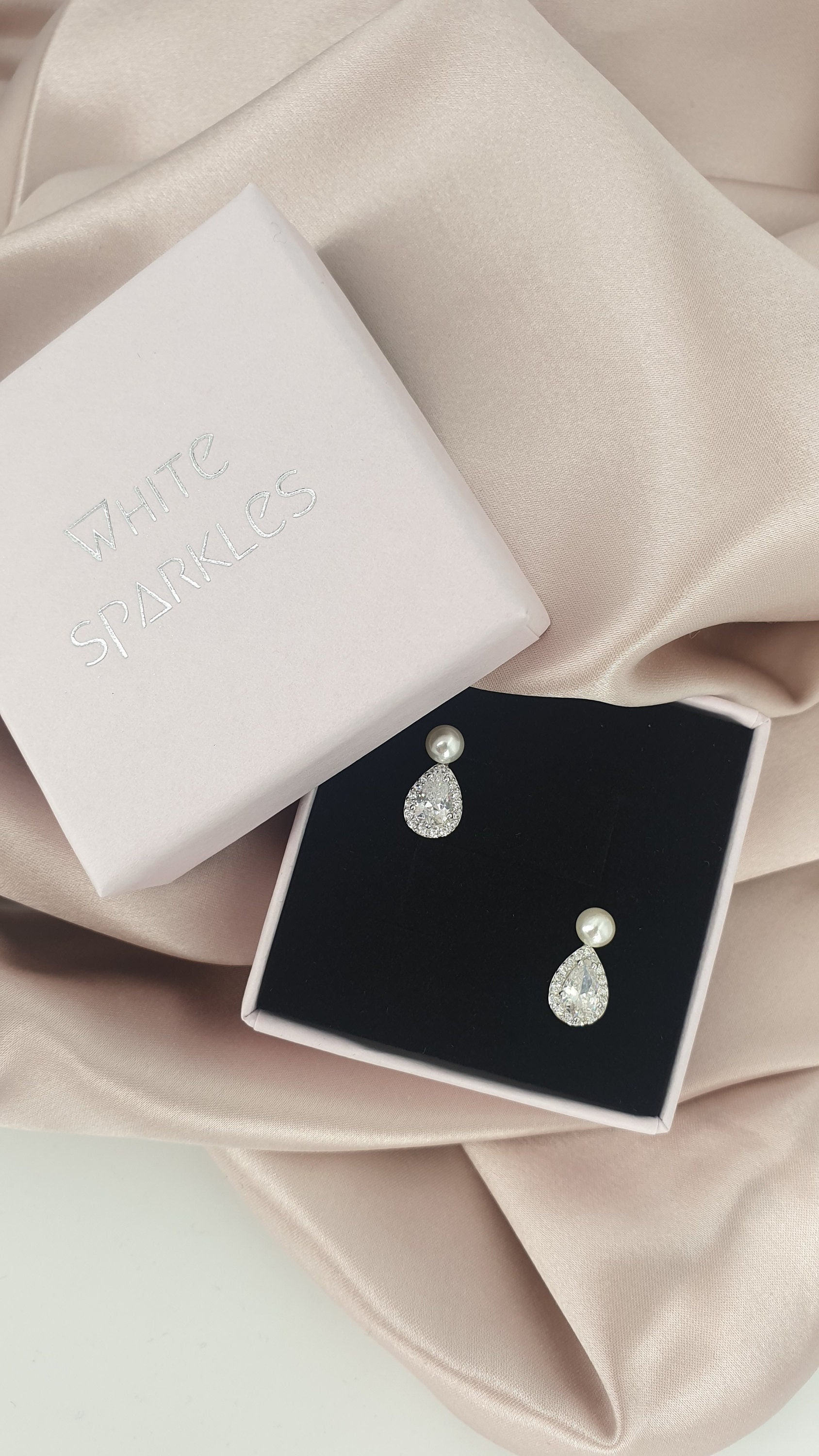 Vintage Teardrop CZ Diamond Earrings, Sterling Silver Pearl Studs, Dainty Bridal Wedding Jewelry, Bridesmaid Gift, Elegant Gift for Her