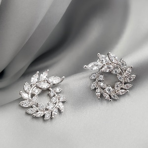 Dainty Silver Leaf Earrings, Sparkling Zircon Wreath Design, Bridal Jewelry for Weddings, Elegant Gift for Her, White Wreath Earrings