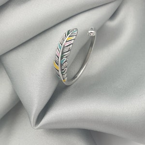 Angel Adjustable Enamel Feather Ring In Sterling Silver, Colorful Silver Feather Ring, Angel Feather Wing Ring, Wrap Ring, Gift For Her,Gift