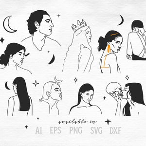 Celestial female line art SVG files for cricut,Boho feminine logo SVG,Woman line drawing clipart,Mystic moon witchy PNG,Vector line bundle