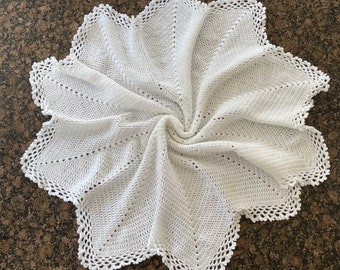 White crochet baby shawl, christening shawl, ten point crochet baby blanket