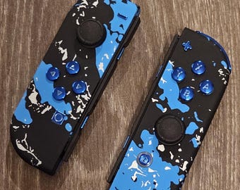 Blue Paint Splatter with Metallic Blue Buttons Custom Joycons