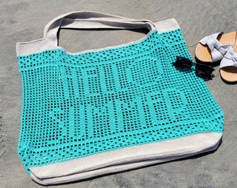 Hello Summer Mesh Strandtasche oder Markttasche Häkelanleitung mit Filet Crochet Angepasste Worte oder Text PDF Instant Download