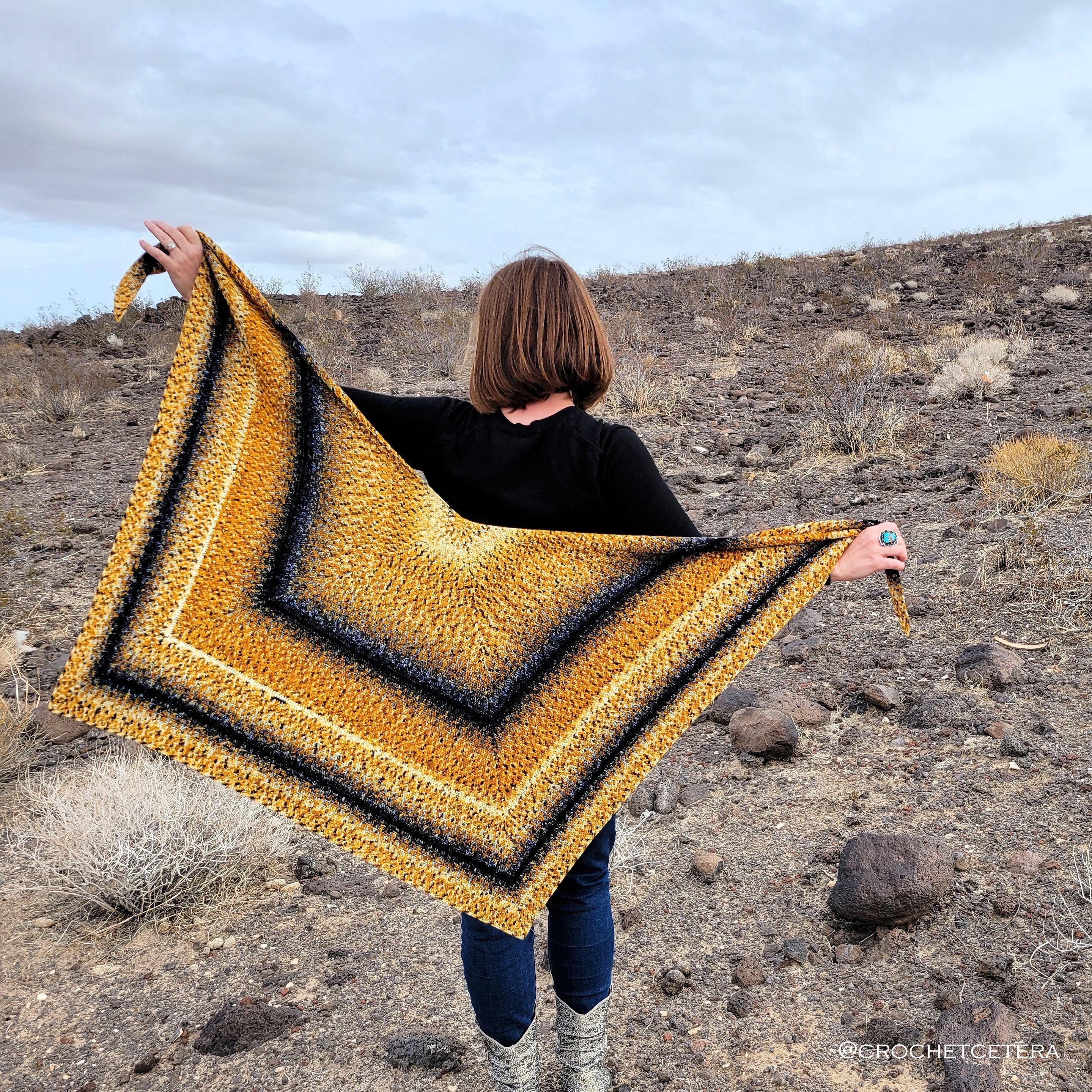 Stellarium Striped Concentric Square Wrap Shawl Crochet Pattern with Ombre Gradient Yarn PDF Instant Download