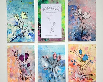 Flores silvestres originales n.° 036–040: Pinturas florales de técnica mixta, proyecto de 100 días (4x6 con paspartú a 8x10), pieza única.