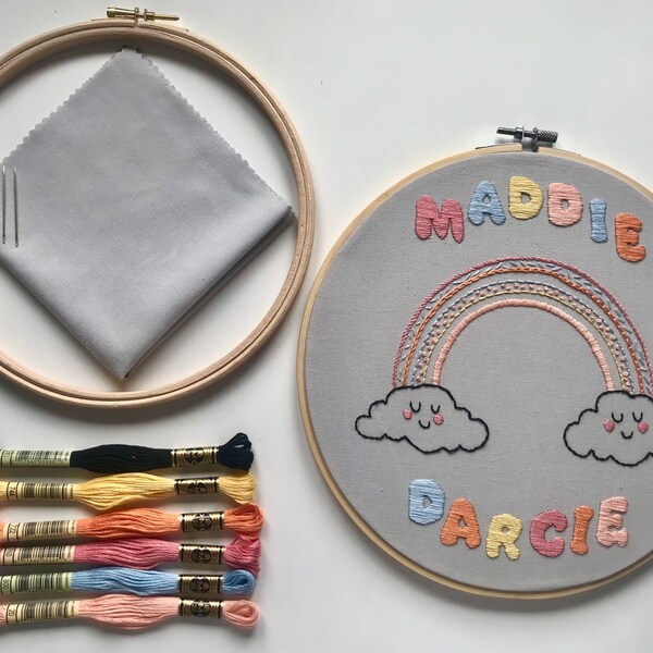 Rainbow Personalised Embroidery Kit. DIY Embroidery, perfect for learning how to embroider with bespoke personalisation, add any name