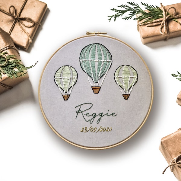 Green Hot Air Balloon Personalised Embroidery Kit. Perfect for learning how to embroider with bespoke personalisation, any name. Baby gift