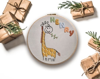 Giraffe Embroidery Kit Personalised. DIY Animal Embroidery, perfect for learning how to embroider with bespoke personalisation