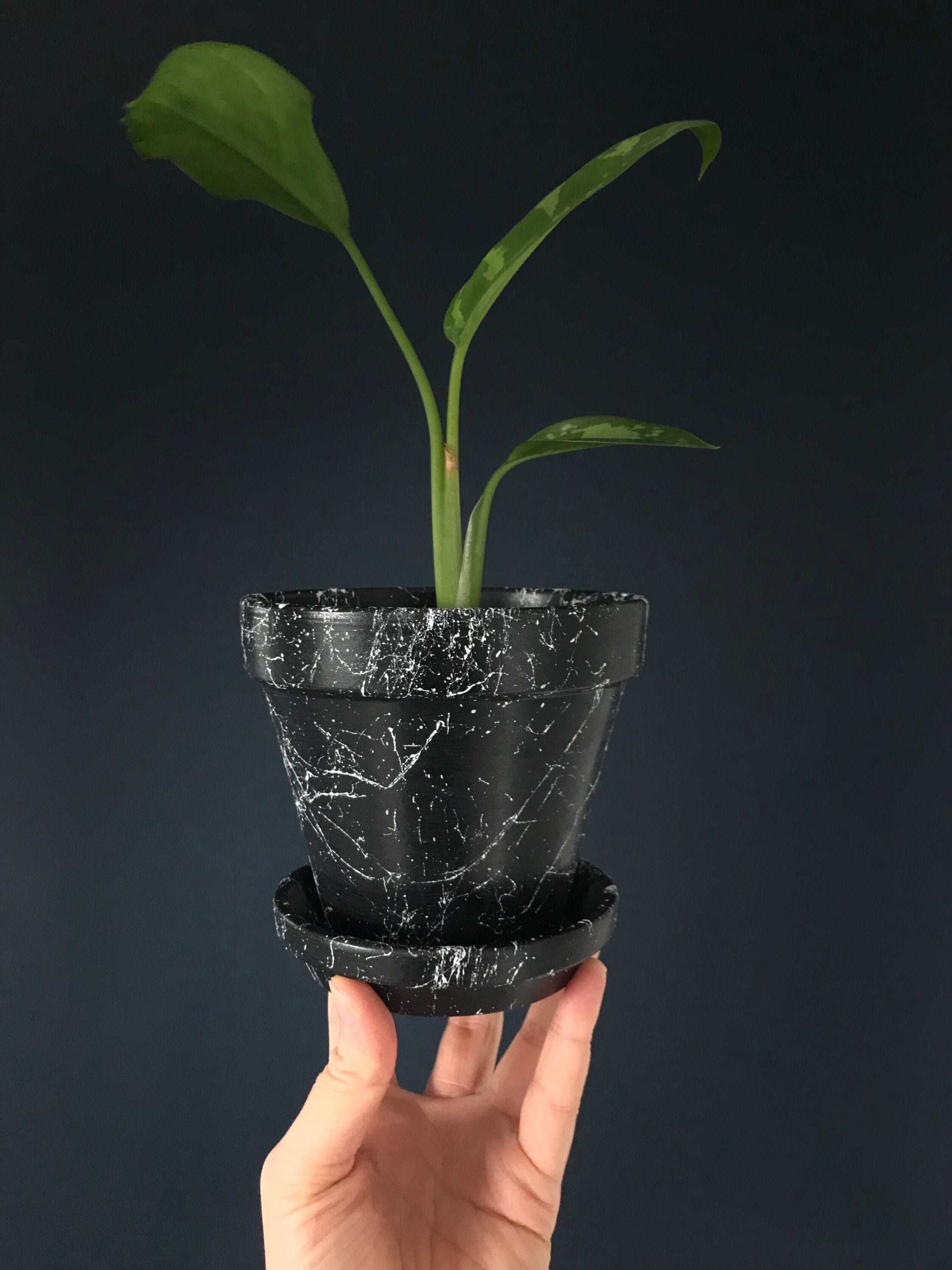 Black & White Marble Effect Indoor Plant Pot With Dish Etsy