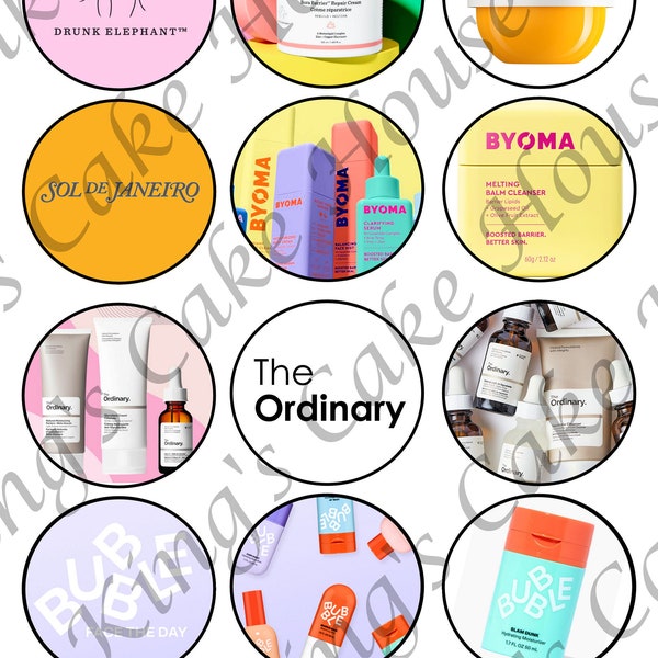 Huidverzorging thema cupcake toppers, Byoma, Bubble, Sol De Janeiro, The Ordinary, Drunk Elephant, eetbare icing sheet