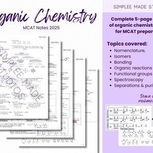 Könnte beinhalten: Ein fünfseitiges Paket mit Notizen zur organischen Chemie zur Vorbereitung auf den MCAT. Die Notizen behandeln Themen wie Nomenklatur, Isomere, Bindung, organische Reaktionen, funktionelle Gruppen, Spektroskopie und Trennungen und Reinigungen. Die Notizen beinhalten ausgearbeitete Mechanismen.