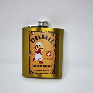 Mario Fireball Cinnamon Whiskey Fire Flower Nintendo Flask