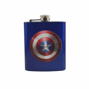 May include: Blue stainless steel flask with a red, white, and blue Captain America shield design.