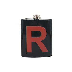 May include: Black stainless steel flask with a red "R" on the front.