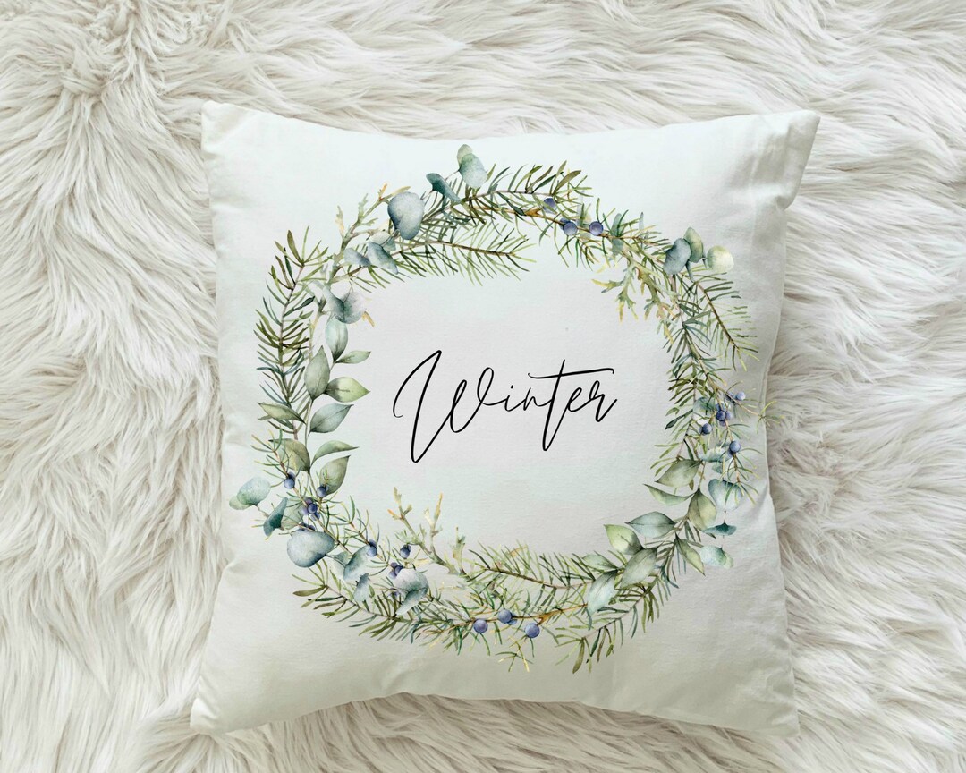 Blue Winter Pillow Cover 20x20, 16x16, 18x18, 14x14, Blue Wreath Winter