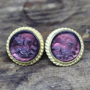 Handmade Intaglio Glass, Intaglio Gold plated, Glass art Intaglio Pegasus, 925K Sterling Silver, Intaglio Ancient Roman Art, Sterling Silver
