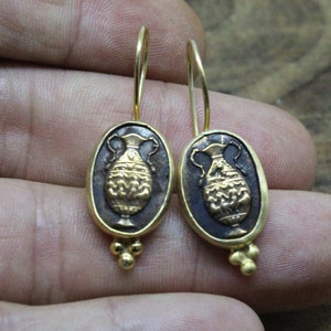 Handmade Sterling Silver Jug Earrings: Bronze Roman Coin Replica