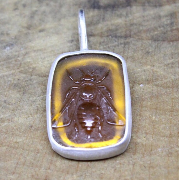 Handmade Intaglio Bee Pendant: 925 Sterling Silver Enamel Art