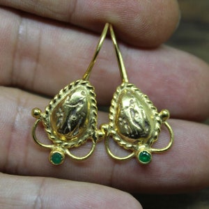 Handmade Bronze Roman Coin Emerald Earrings - Sterling Silver Hooks