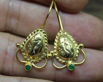 Handmade Bronze Roman Coin Emerald Earrings - Sterling Silver Hooks