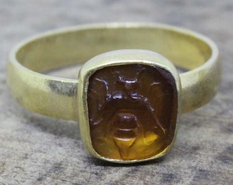 Unieke bijenring diepdruk geëmailleerde sterlingzilveren zegelring