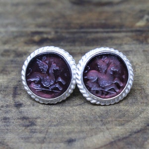 Handmade Intaglio, Stud Earring Glass, art Intaglio Pegasus, 925K Sterling Silver, Intaglio Ancient Roman Art, Sterling Silver Stud Earring