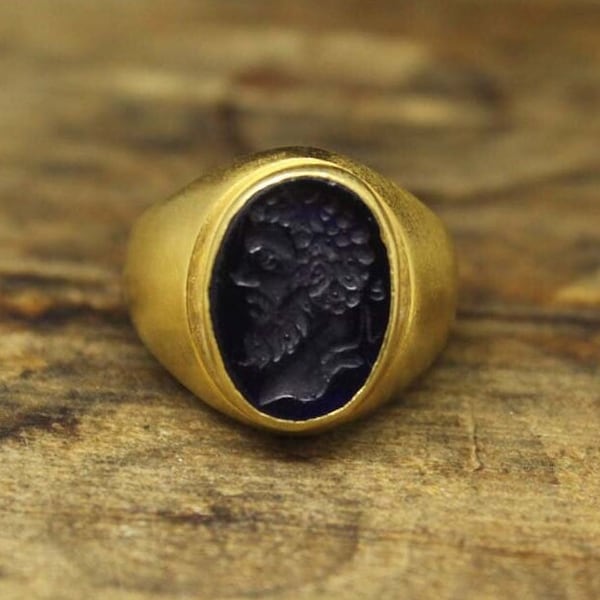 Handmade Intaglio Glass Ring, Gold Plated Ring, Glass art Intaglio Silver, 925K Sterling Silver, Intaglio Ancient Roman Art, Sterling Silver