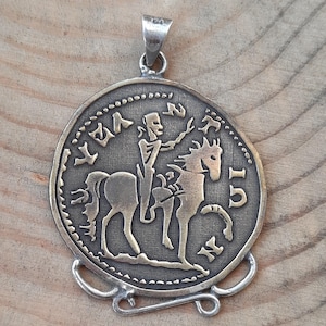 Handmade Antique King Azes and Athena Necklace, Signet Silver Necklace, Antique Silver, Ancient Greek Coin Brass Metal and Silver Necklace