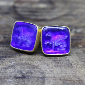 Handmade Intaglio Glass, Gold plated Earring, Glass art Intaglio Pegasus, 925K Sterling Silver, Intaglio Ancient Roman Art, Sterling Silver