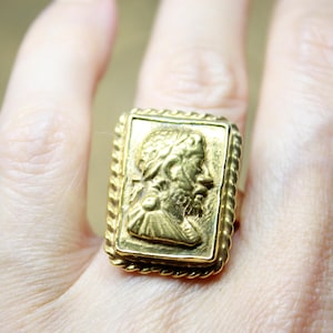 Handmade Antique Roman Coin,  Signet Sterling Silver Ring, 24k Gold Over Coin Ring, Antique Silver Jewelry, Ancient Greek Coin Silver Ring,