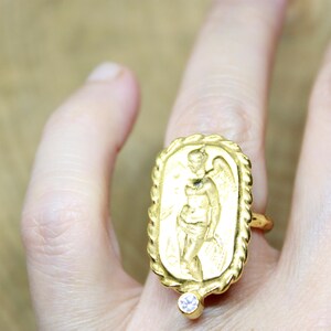 Handmade Antique Roman Coin,  Signet Sterling Silver Ring, 24k Gold Over Coin Ring, Antique Silver Jewelry, Ancient Greek Coin Silver Ring,