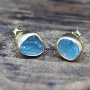 Handmade Natural Gold Plated Rough Blue Apatite, Stud Earring, Earrings, Solid Sterling Silver 925K, Engagement, Gift for your Love for Her