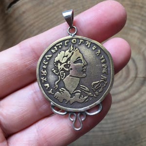 Handmade Antique Roman Coins Necklace, Signet Silver Necklace, Antique Silver, Ancient  Brass Metal and Silver Necklace